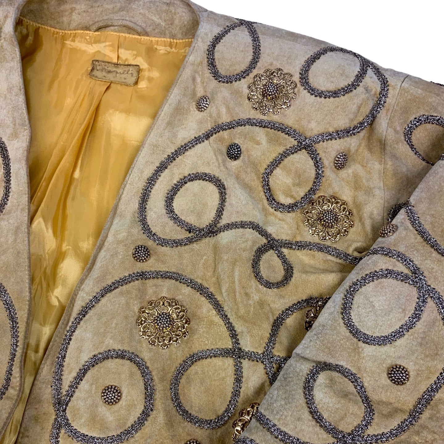 Vintage 80s ‘Whompilli’ Mustard Yellow Gold Embroidered Embellished Crop Suede Leather Jacket 14 16 M