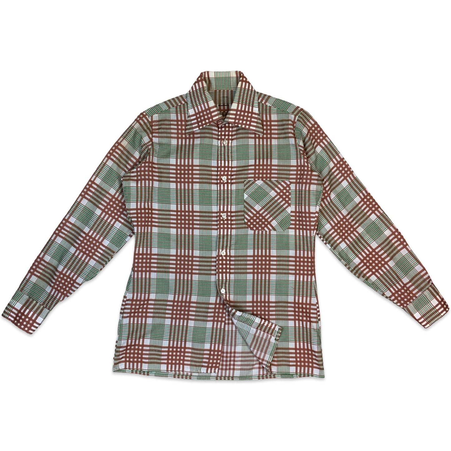 70s White Brown & Green Plaid Dagger Collar Shirt M