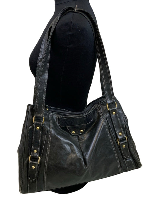 Vintage 90s 00s ‘5th Avenue’ Real Leather Black Buckles Slouch Shoulder Bag