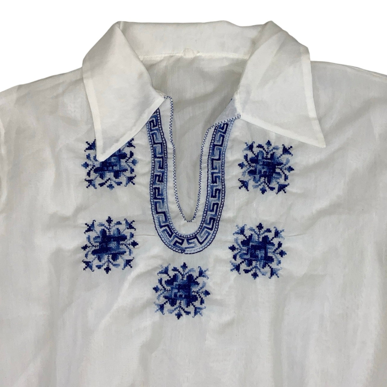 Vintage Bohemian Folk White Blue Cross-stitch Embroidered Cotton Tunic Blouse 14 16 M