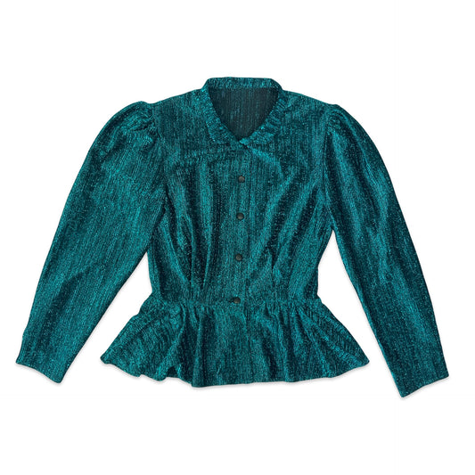 80s Metallic Teal & Black Blouse 10