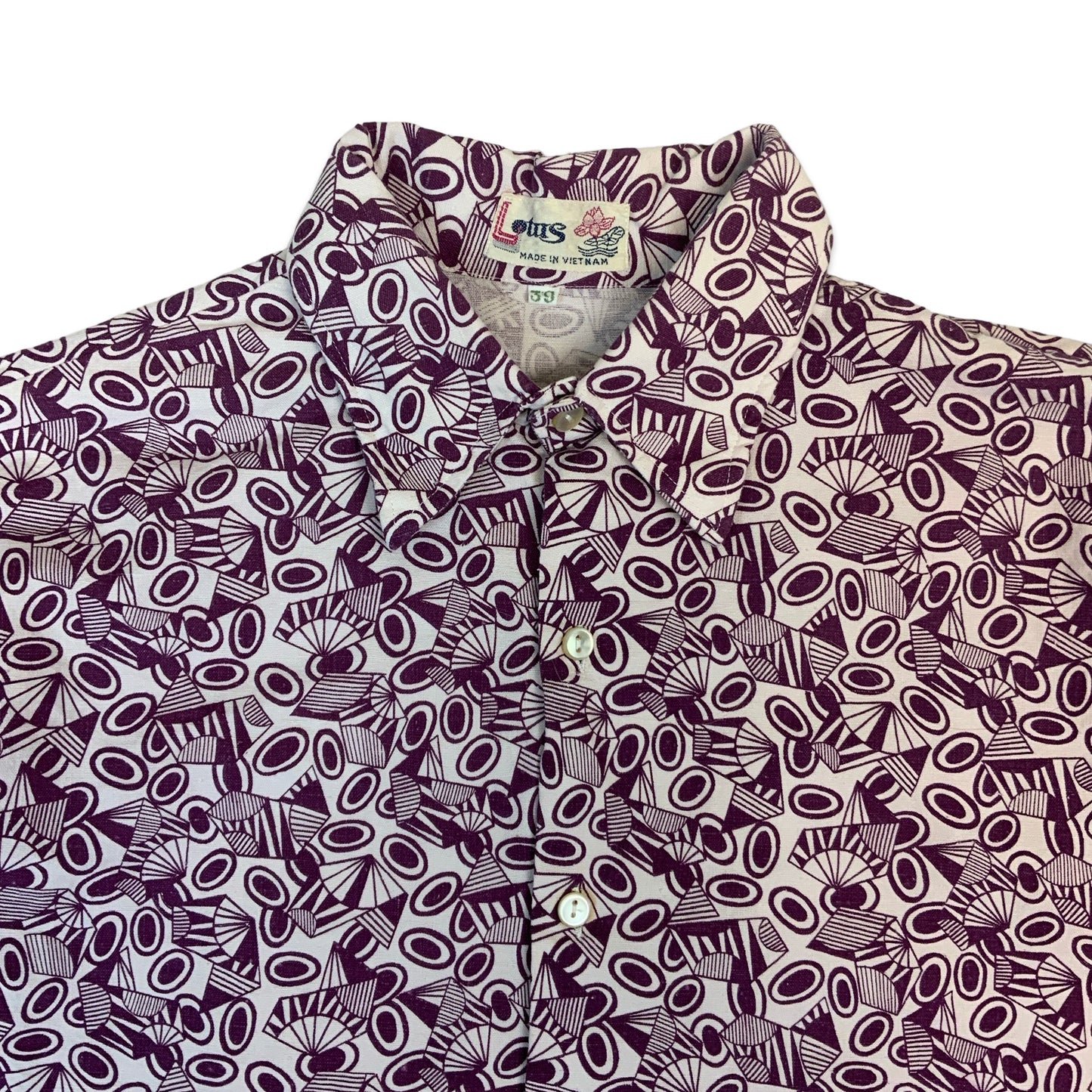 70s White & Purple Geometric Print Dagger Collar Shirt XL