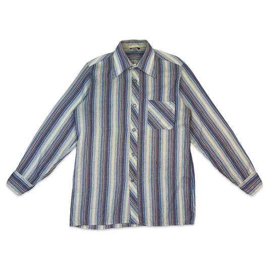 70s White Red & Blue Stripey Dagger Collar Shirt M