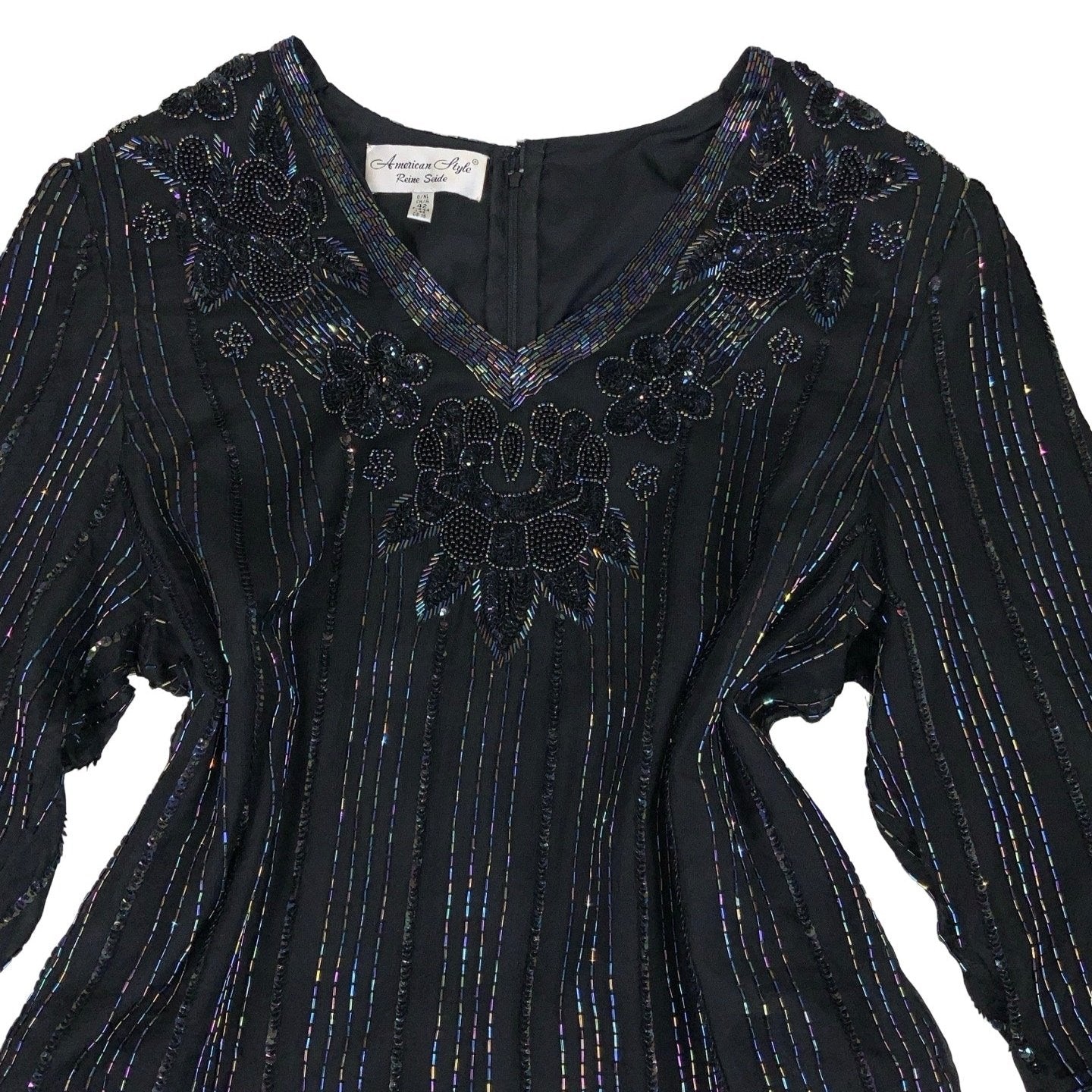 Vintage ‘American Style’ Black Rainbow Bead Sheer Blouse Top M 14 16