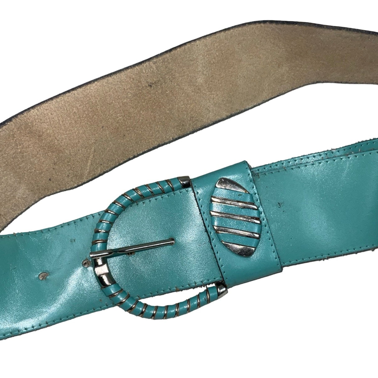 Vintage 80s 90s Retro Teal Green Glossy Leather Silver Buckle Belt