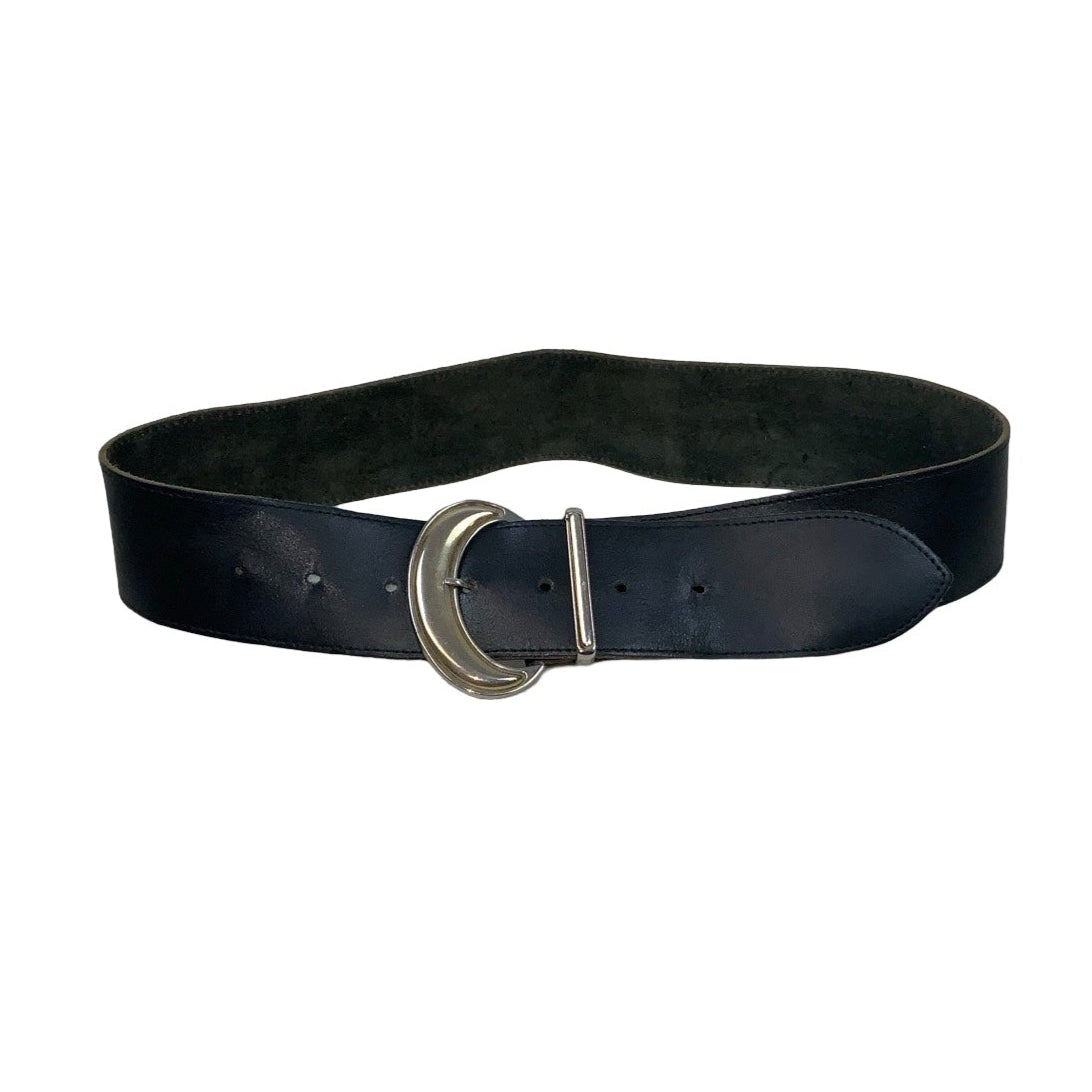 Vintage 80s 90s Black Leather Silver Buckle Belt