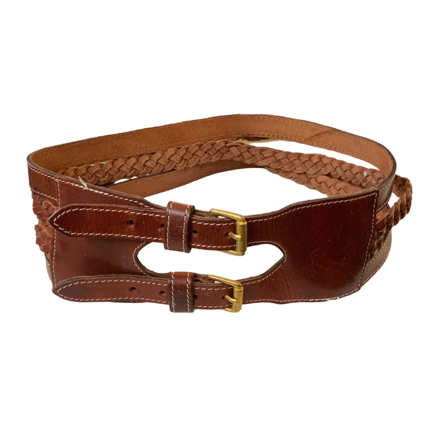 Vintage 90s Brown Leather Double Buckle Cable Belt