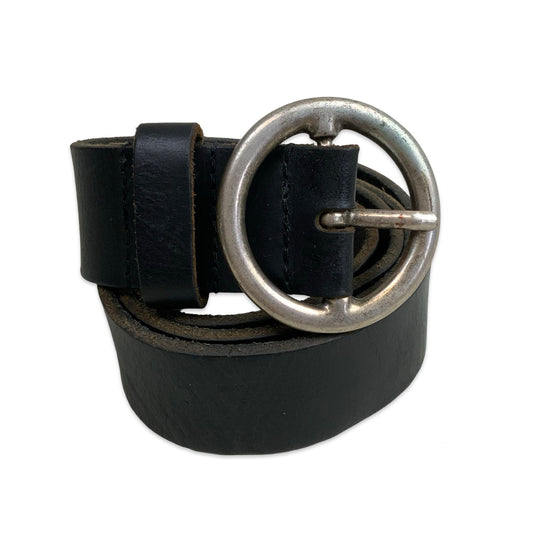 Vintage Black Leather Belt with Silver O-Ring Buckle