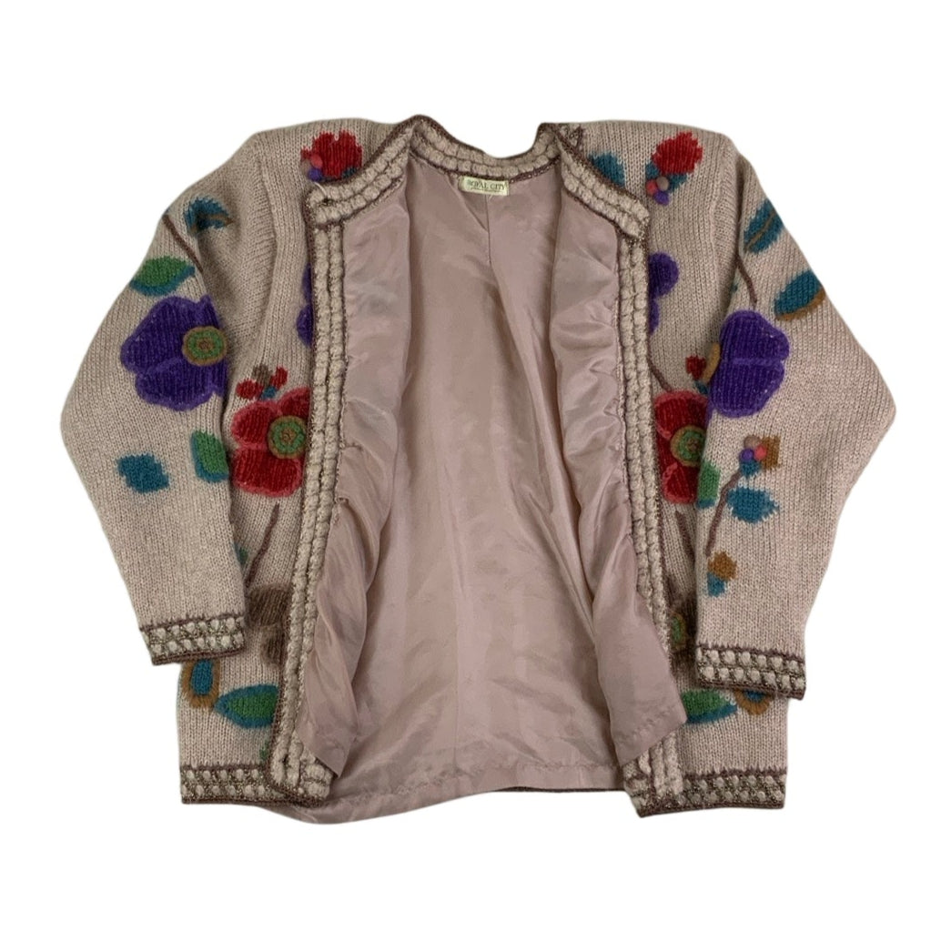 Vintage 80s 'Royal City' Beige Embroidered Floral Cardigan M 14 16