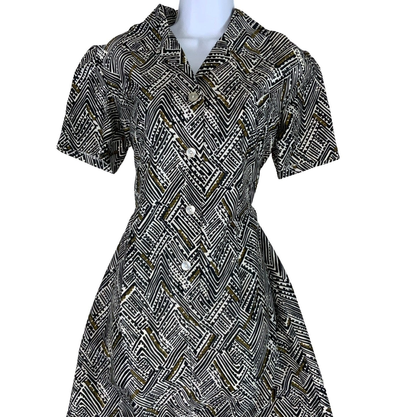 Vintage 60s 70s Black White Zig-Zag Shift Dress 10 12 14