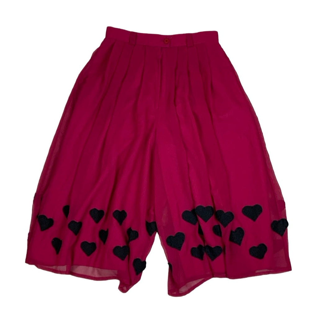 Vintage 80s 'New Fast' Pink Black Hearts Midi Culottes Shorts Skirt Skort 10 12