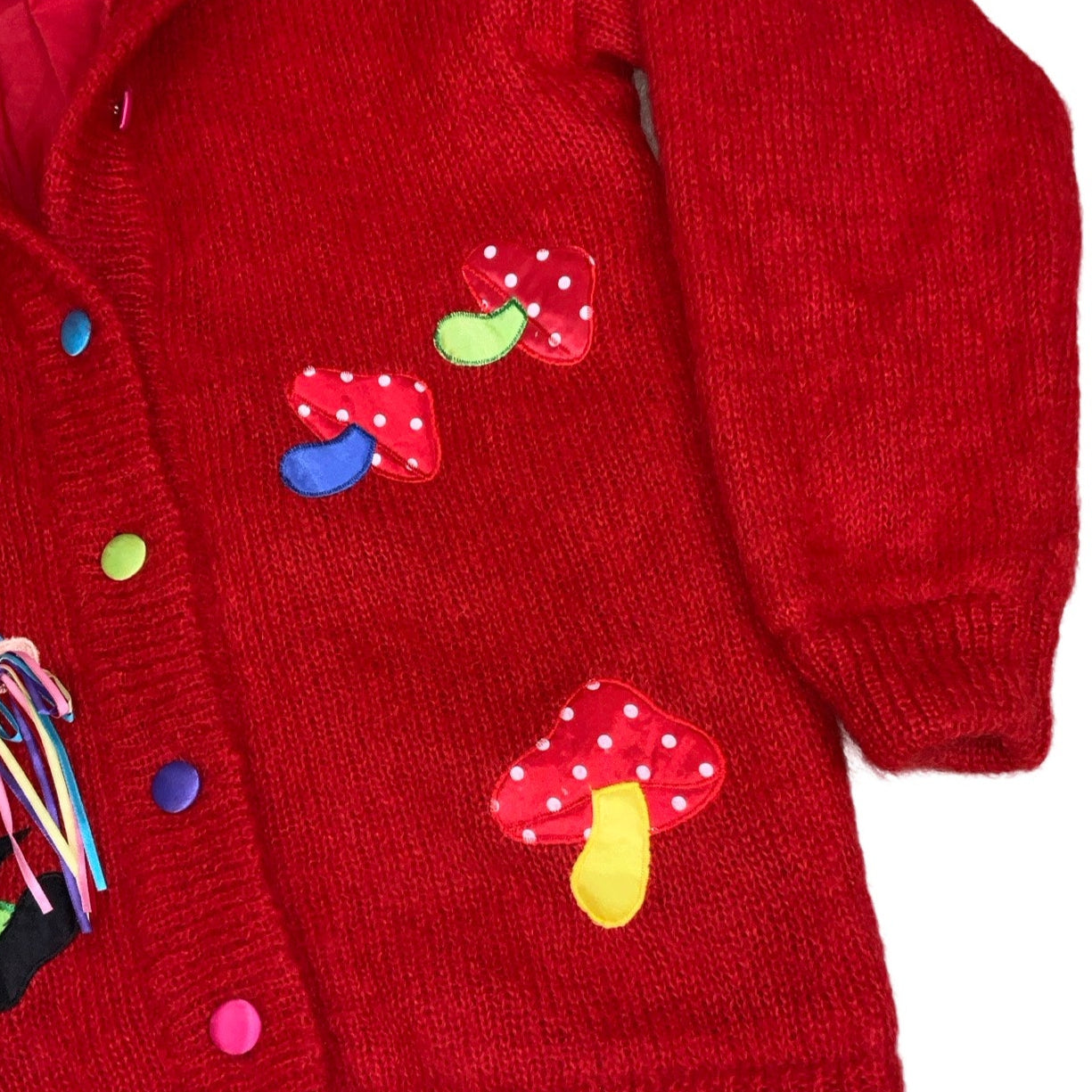 Vintage ‘Yessica’ Red Whimsical Mushroom Gnome Embroidered Mohair Cardigan 18 20 XL