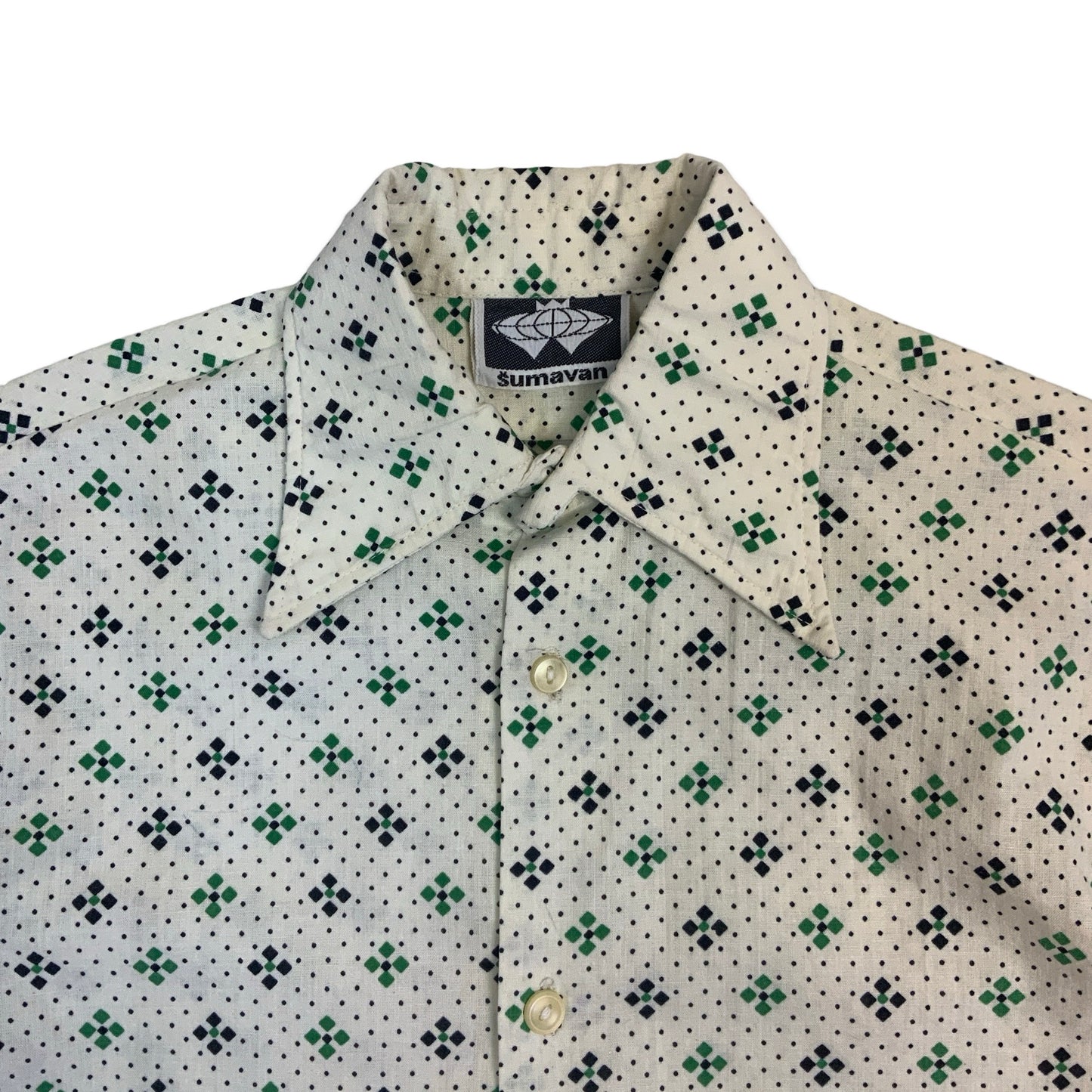 70s Cream Black & Green Geometric Print Shirt XS S