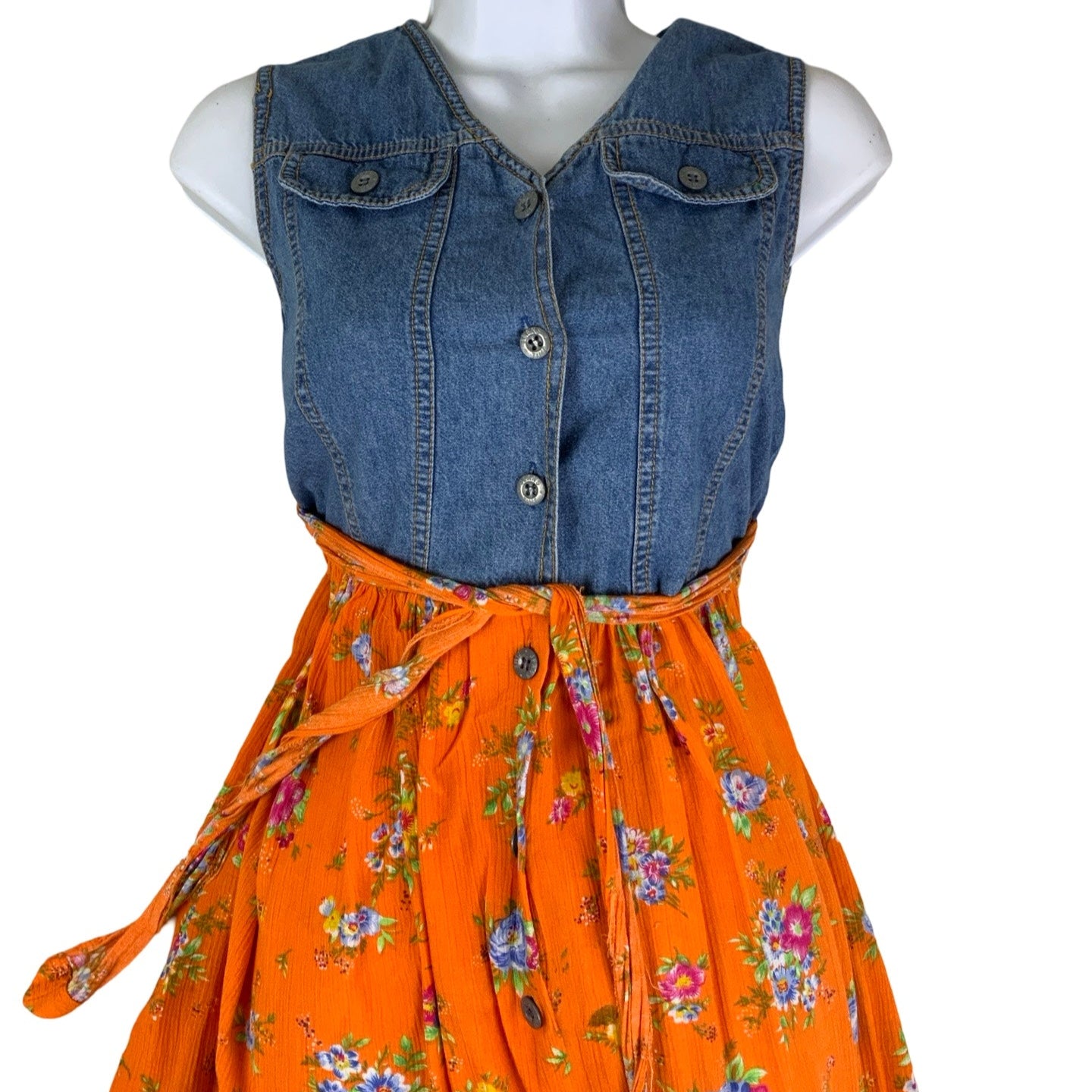 Vintage 90s Orange Floral Midi Sleeveless Denim Dress 6 8 XS