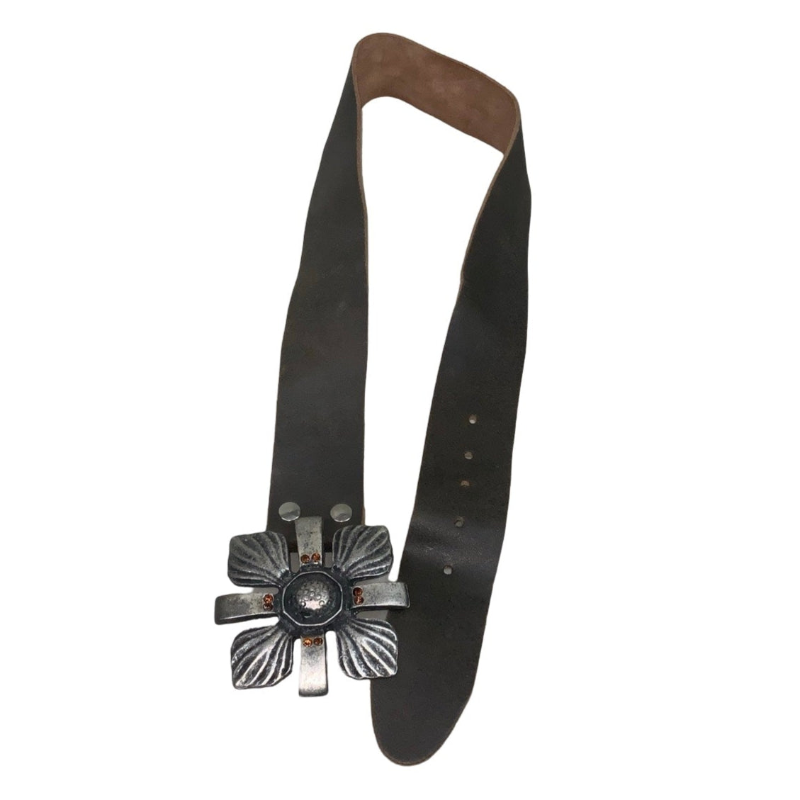 Vintage 90s 00s Y2k Brown Suede Low-Rise Leather Flower Silver Orange Gem Stud Buckle Belt