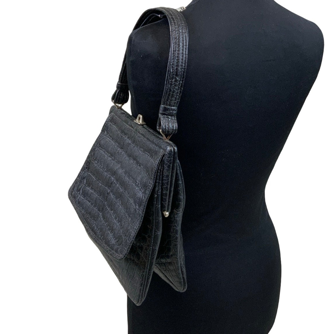 Vintage Black Textured Leather Croc Print Snap Closure Handbag