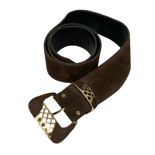 Vintage 90s 00s Y2k Brown Suede Black Leather Gold Buckle Belt