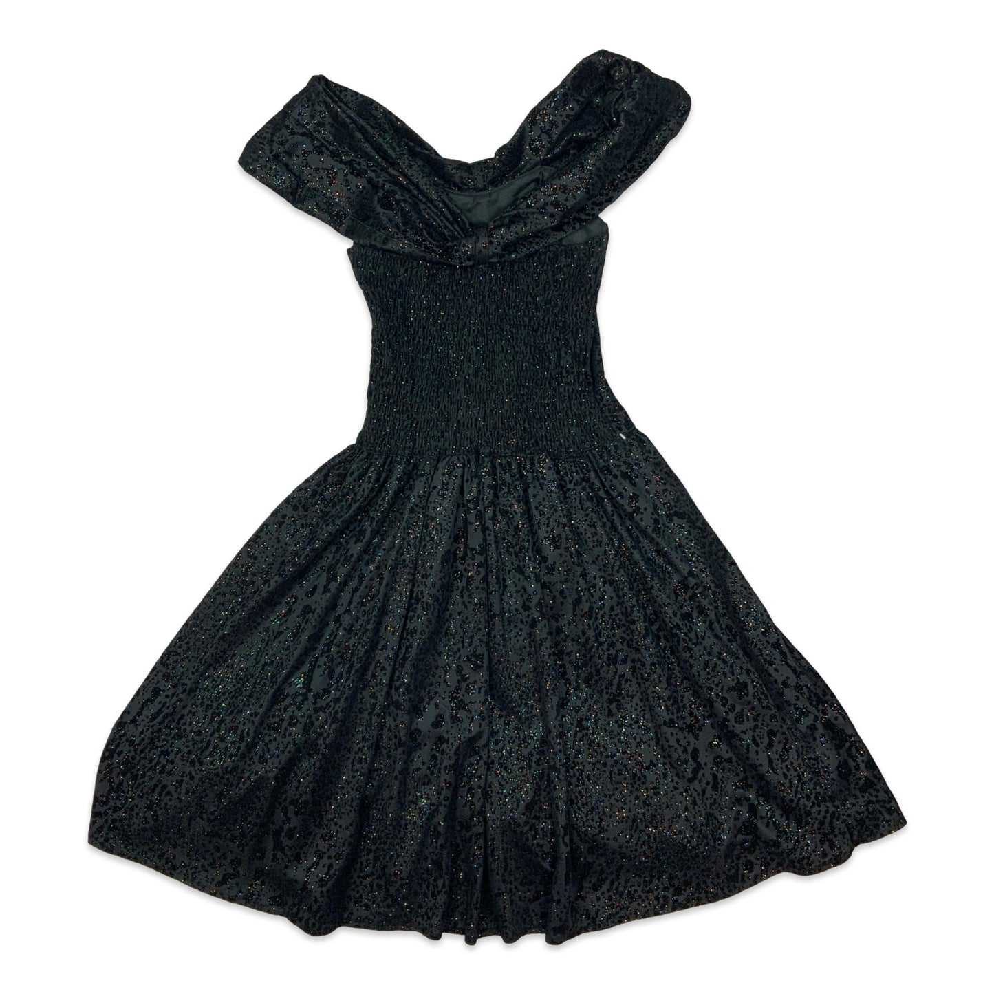 Y2K Black Glittery Animal Print Off Shoulder Dress 8