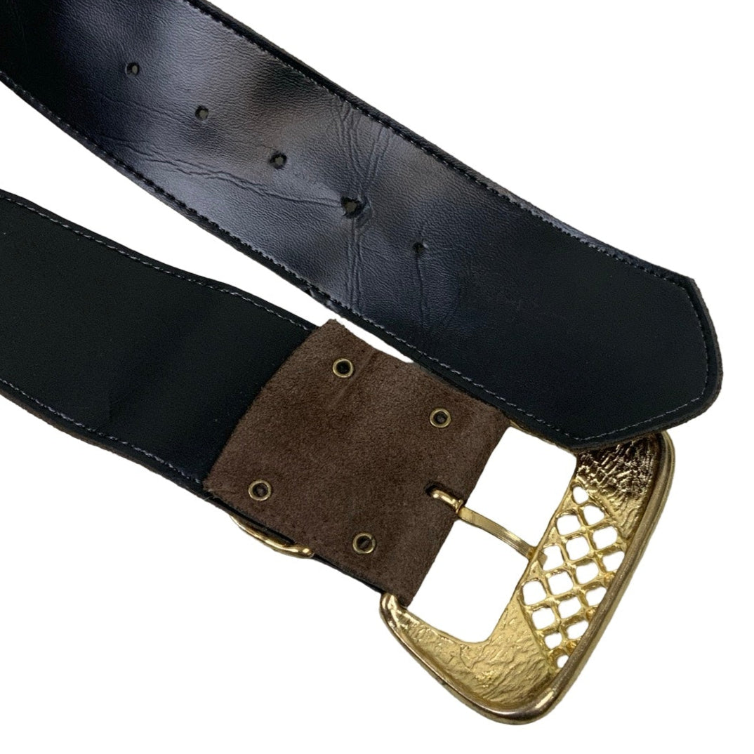 Vintage 90s 00s Y2k Brown Suede Black Leather Gold Buckle Belt