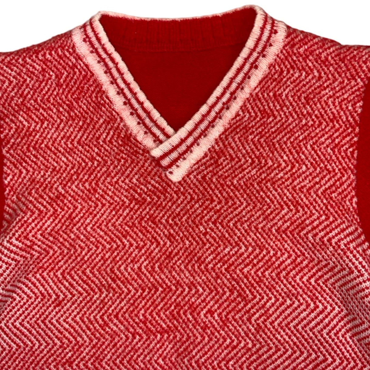 Vintage 70s Red White Chiffron V-Neck Knitted Jumper Top 10 12