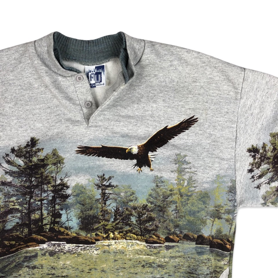 Vintage 80s 90s Grey, Green, and Blue Eagle Nature Print Sweatshirt L