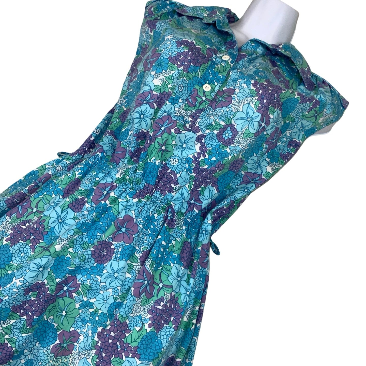 Vintage 80s Blue Purple Green Floral Sleeveless Summer Dress 10 12