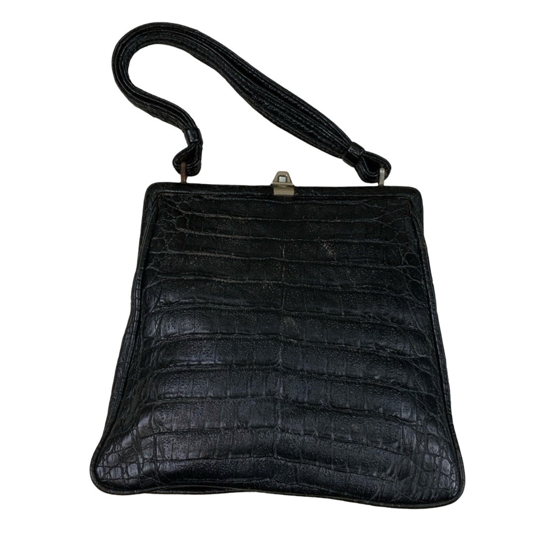 Vintage Black Textured Leather Croc Print Snap Closure Handbag