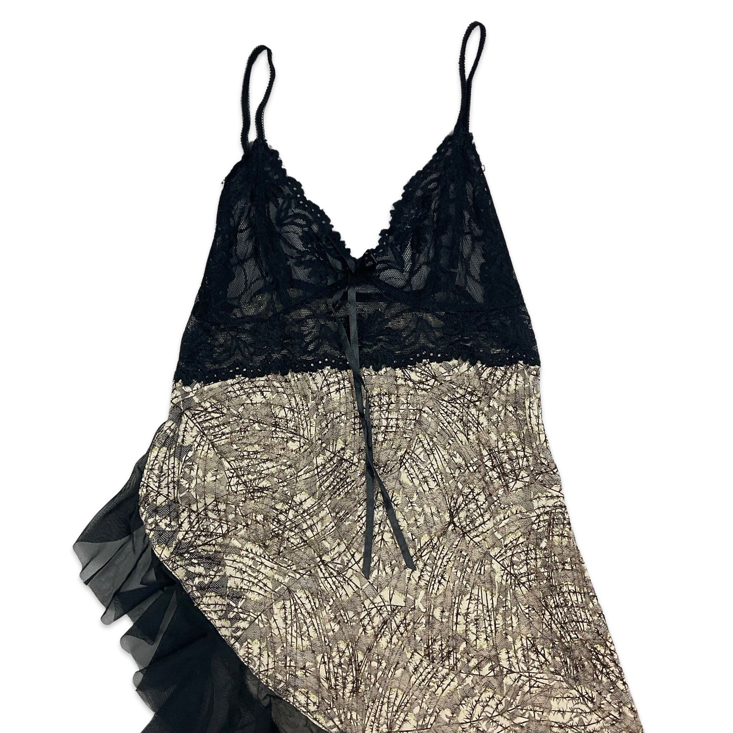 90s Y2K Black & Beige Sheer Lace Asymmetric Hem Slip Night Dress