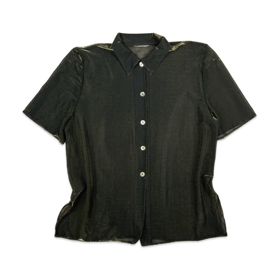 Vintage Black Lurex Short Sleeved Blouse Gold Shimmer 14 16 18