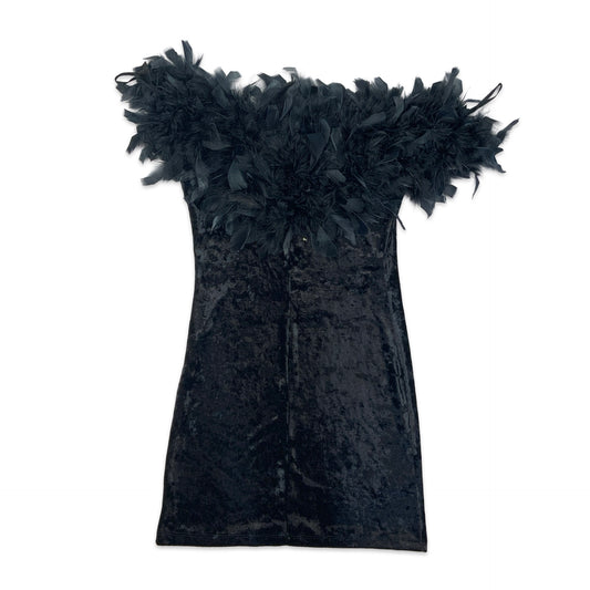 90s Black Velvet Feather Mini Dress 10 12