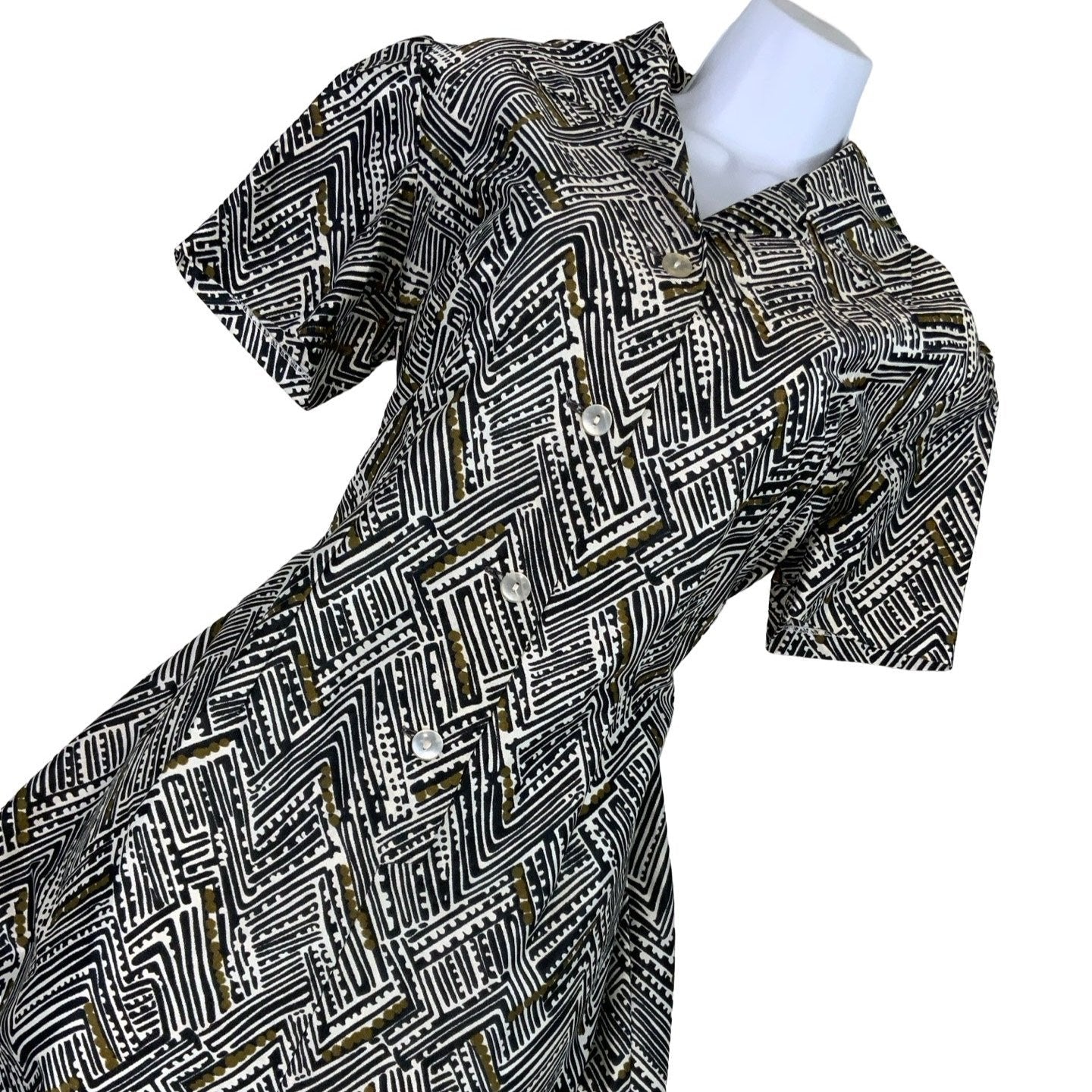 Vintage 60s 70s Black White Zig-Zag Shift Dress 10 12 14