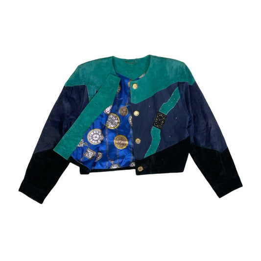 Vintage 80s Blue Teal Green Patchwork Embroidered Clock Crop Suede Leather Jacket 14 16