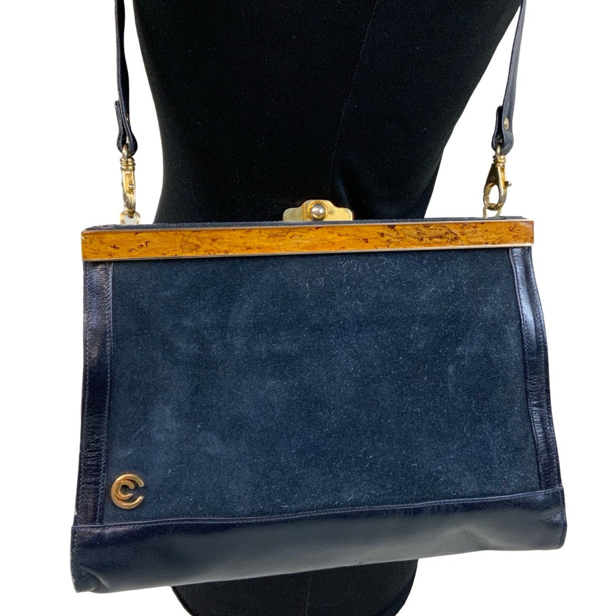 Vintage ‘Doppio C Firenze’ Blue Suede Leather Kiss Closure Handbag Purse