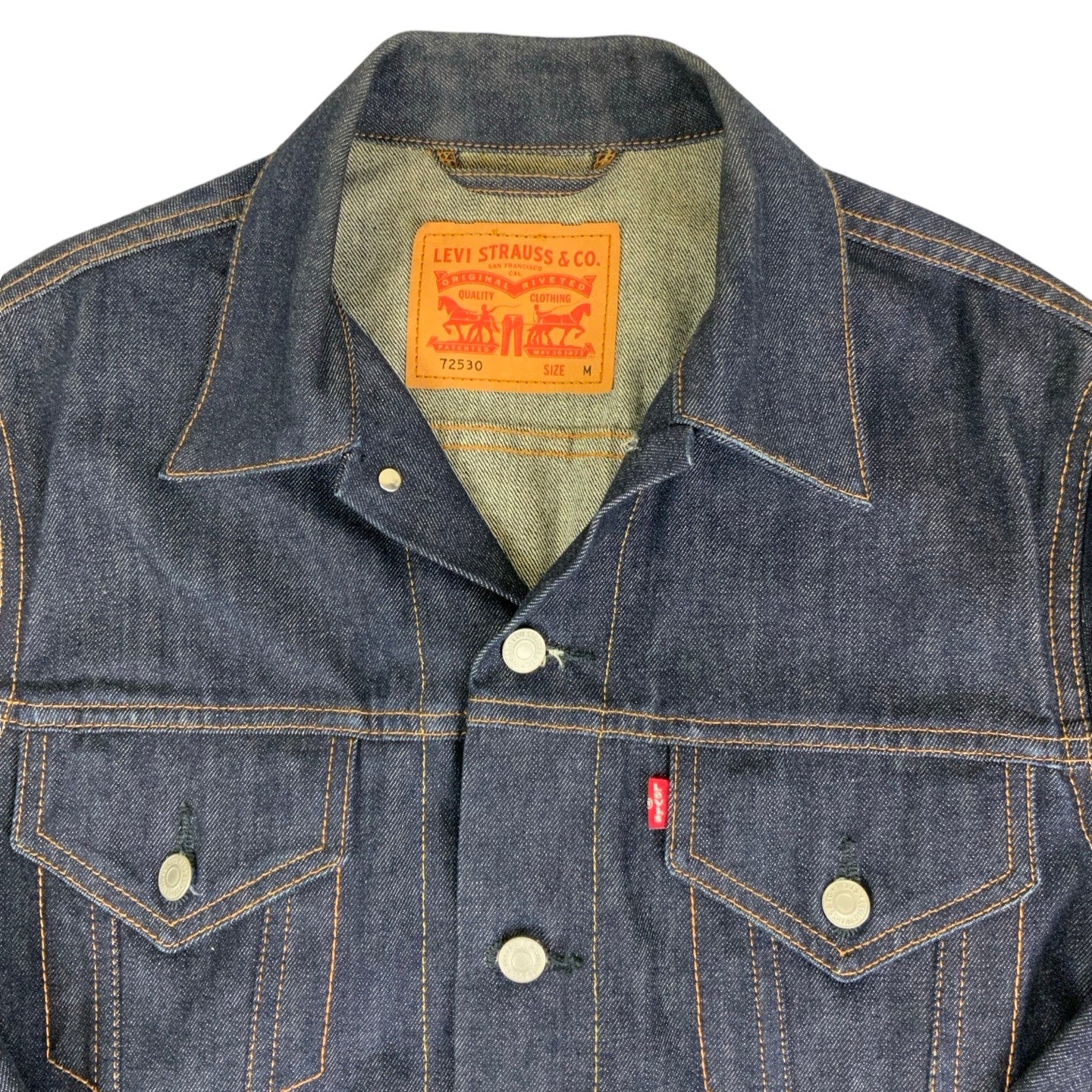 Vintage 90s (75230) Levi Dark Blue Raw Denim Trucker Jacket S M