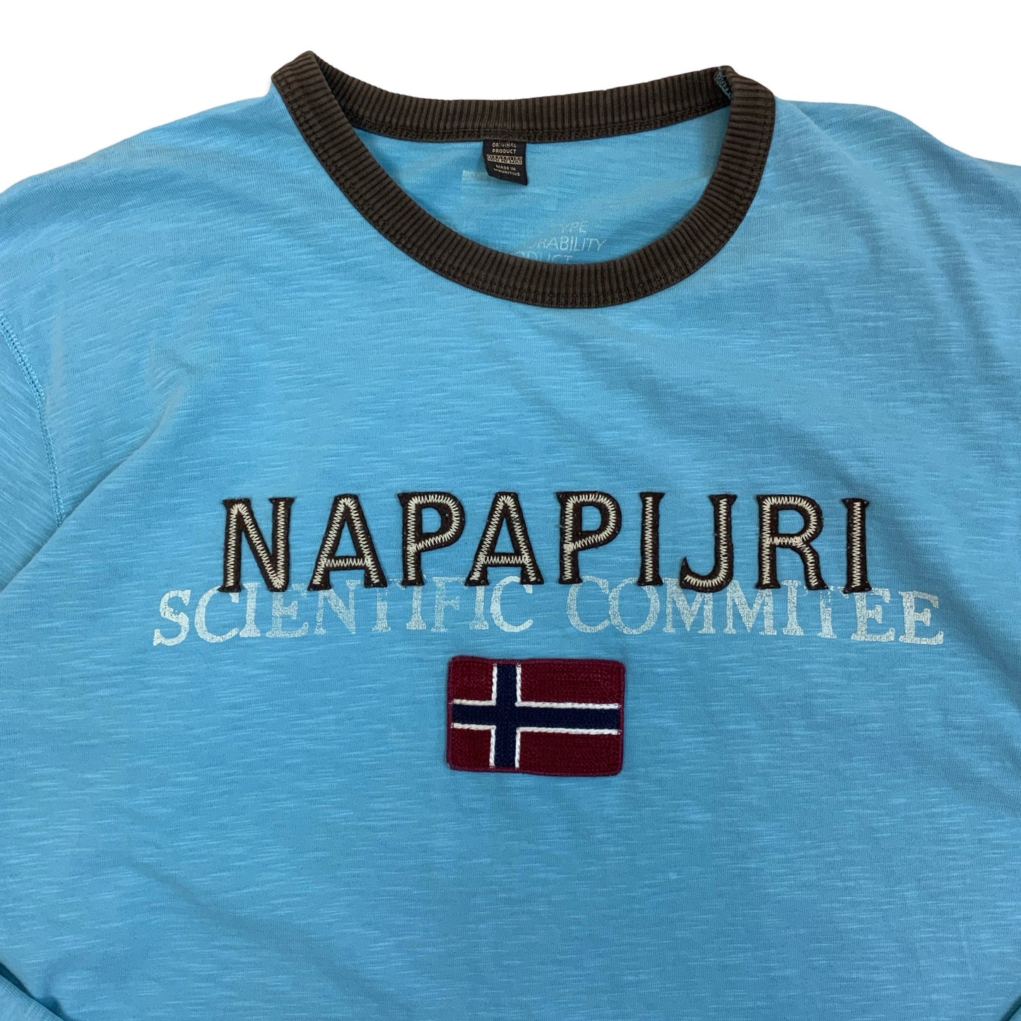 Y2K Napapijri Long Sleeve T-Shirt Blue Brown White XL