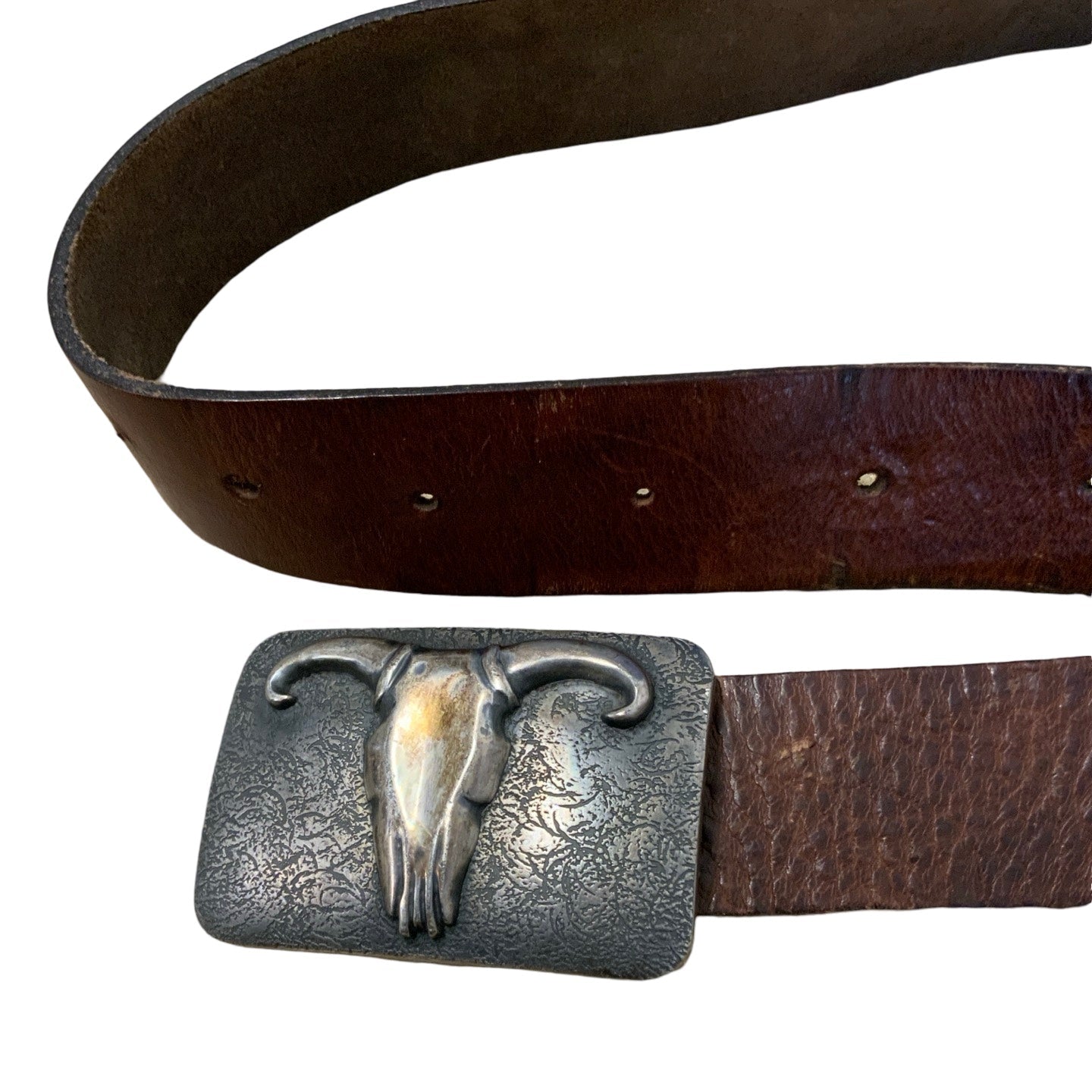 Vintage Brown Leather Western Silver Ram Skull Buckle Cowboy Belt