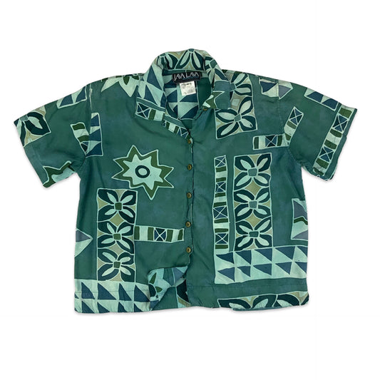 90s Green Geometric Print Short Sleeve Blouse