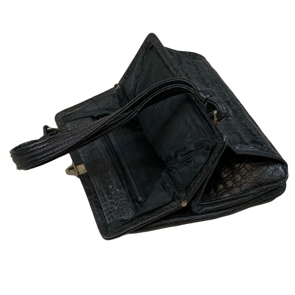 Vintage Black Textured Leather Croc Print Snap Closure Handbag