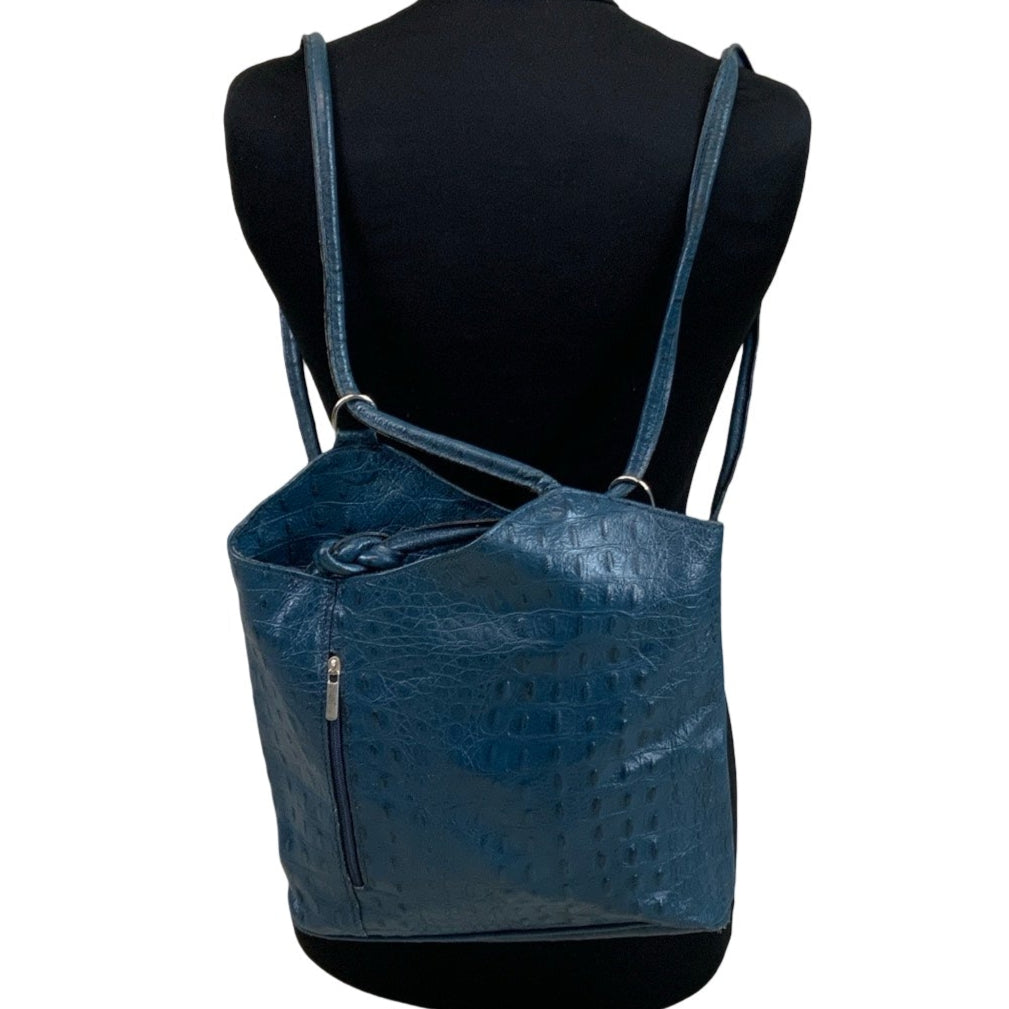 Vintage 90s Blue Moc Croc Leather Textured Multi-Styled Backback Shoulder Bag