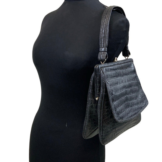 Vintage Black Textured Leather Croc Print Snap Closure Handbag