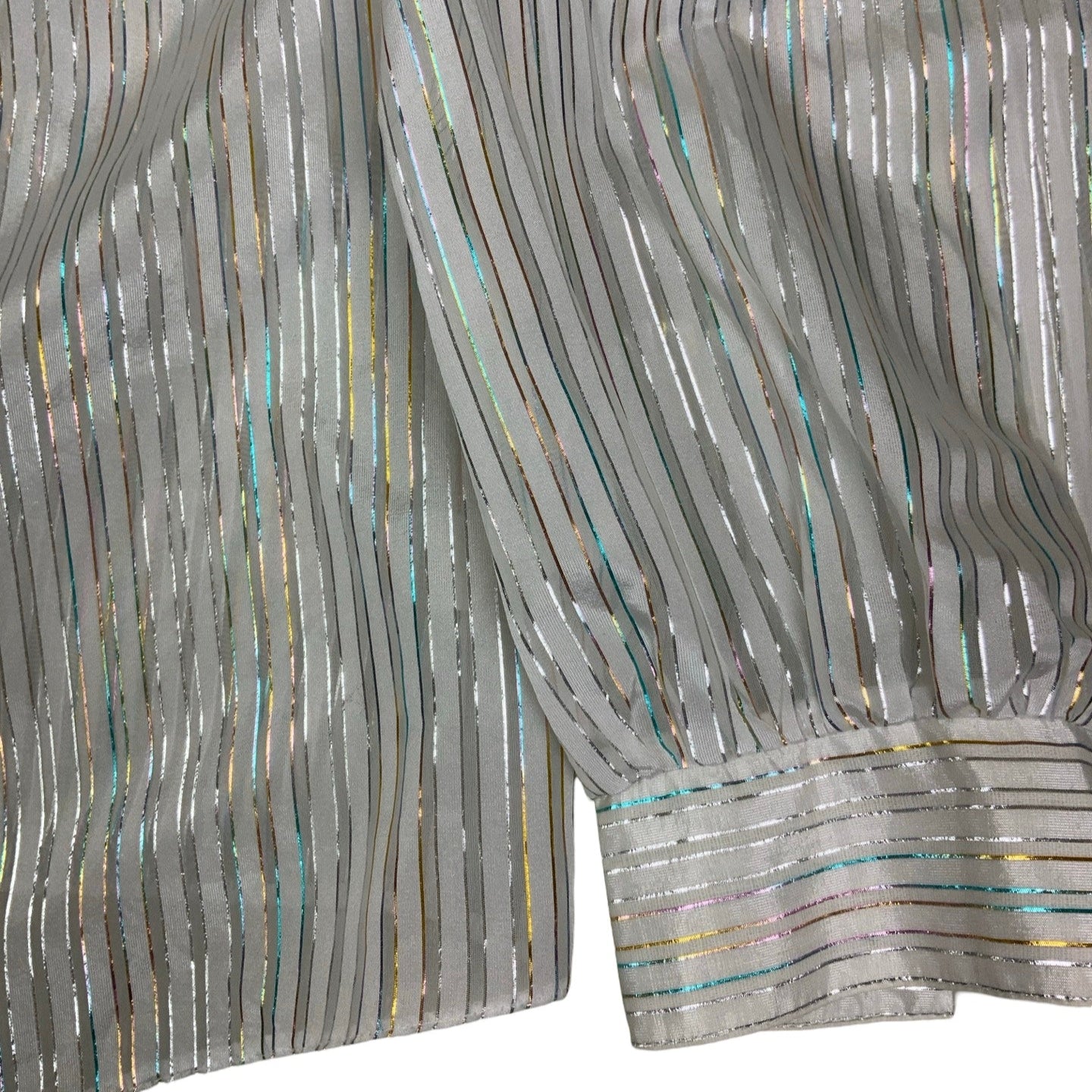 Vintage 70s 80s White Silver Chrome Metallic Stripes Balloon Sleeve Blouse L 18 20