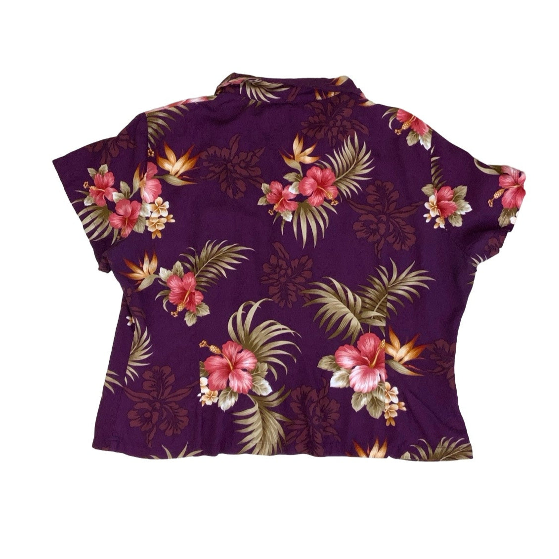 Vintage 90s ‘Two Palms’ Hawaiian Purple Floral Short Sleeve Crop Blouse M L