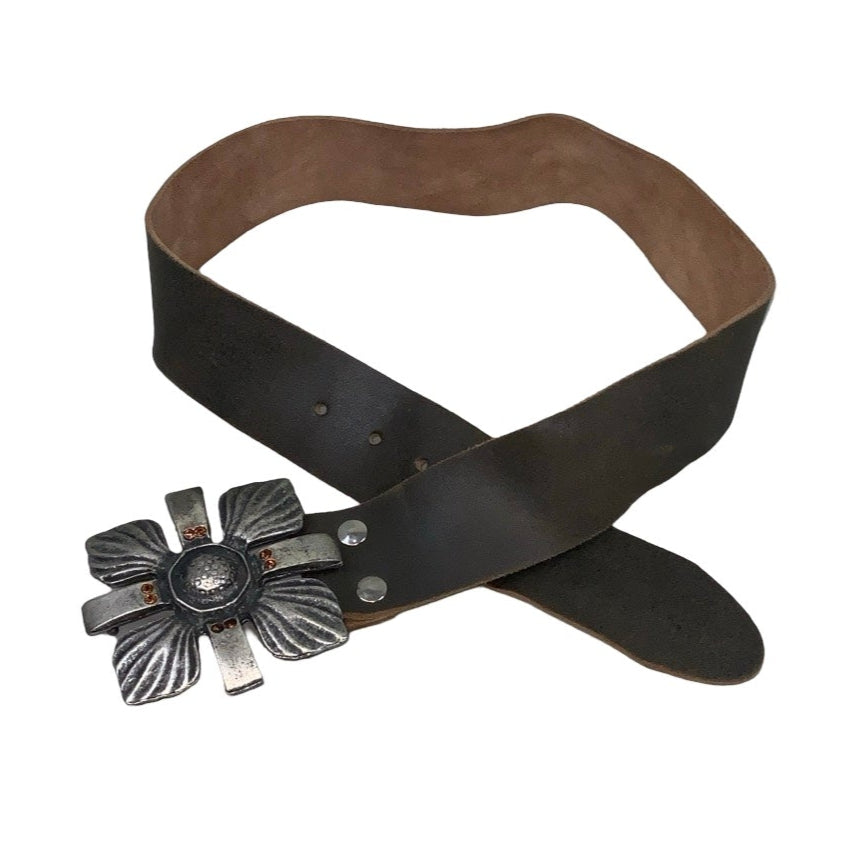 Vintage 90s 00s Y2k Brown Suede Low-Rise Leather Flower Silver Orange Gem Stud Buckle Belt