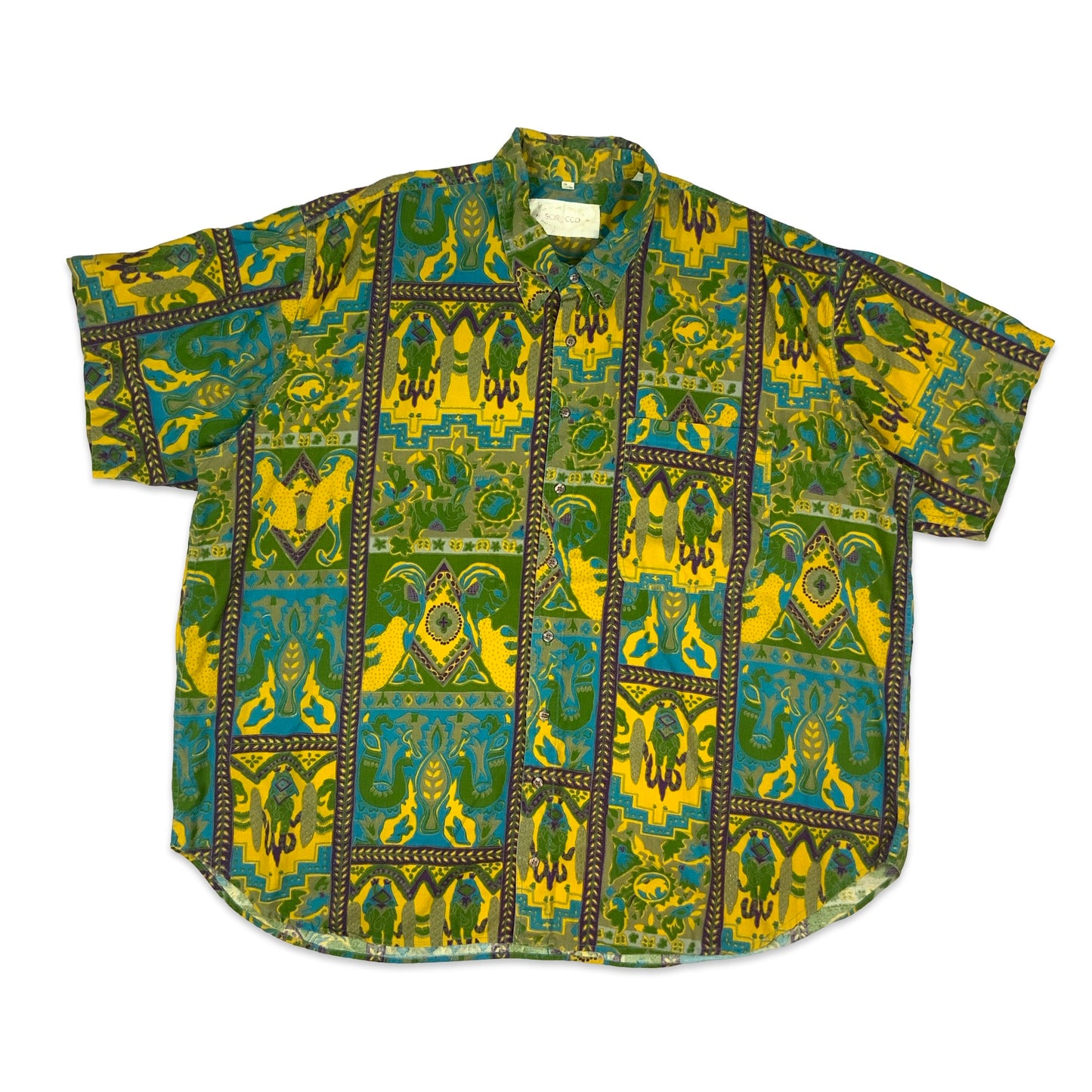 Vintage Green & Yellow Tribal Print Oversized Shirt 4XL