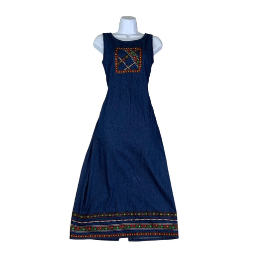 Vintage 90s 00s Y2k R.J & Co Dark Blue Colourful Floral Embroidered Sleeveless Midi Dress 8 10 XS S