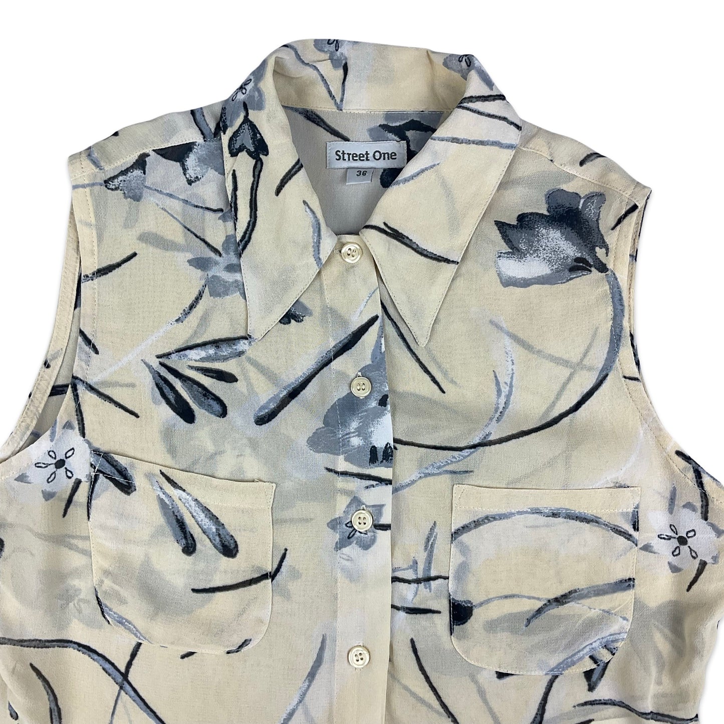 Vintage Beige & Grey Floral Cropped Sleeveless Blouse 6 8 10