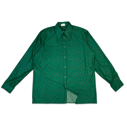 70s Green & Gold Riding Crop Print Dagger Collar Shirt XL