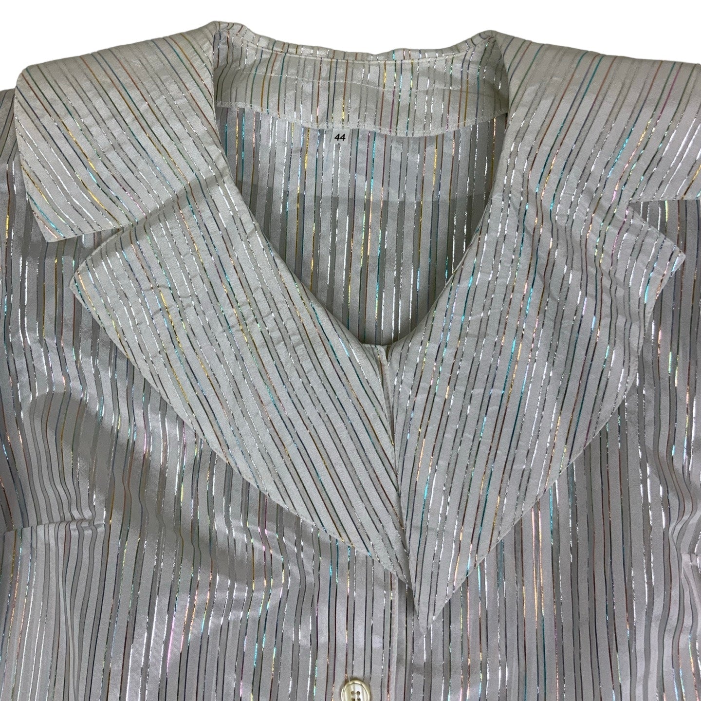 Vintage 70s 80s White Silver Chrome Metallic Stripes Balloon Sleeve Blouse L 18 20