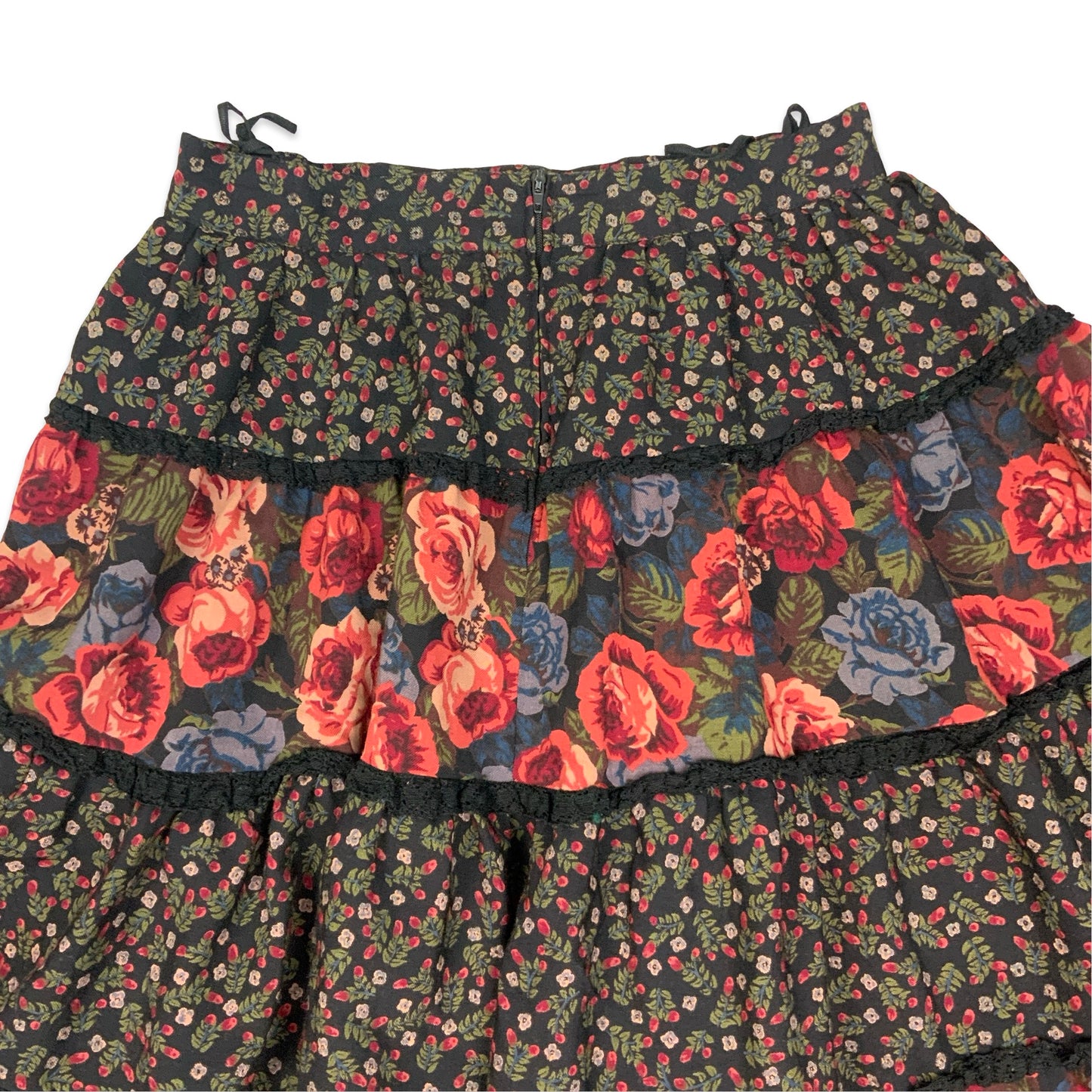 Vintage Black & Red Floral Tiered Prairie Skirt 10