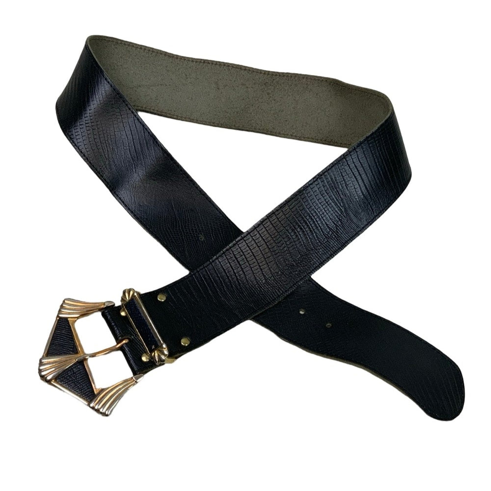 Vintage Black Croc Leather Gold Buckle Belt